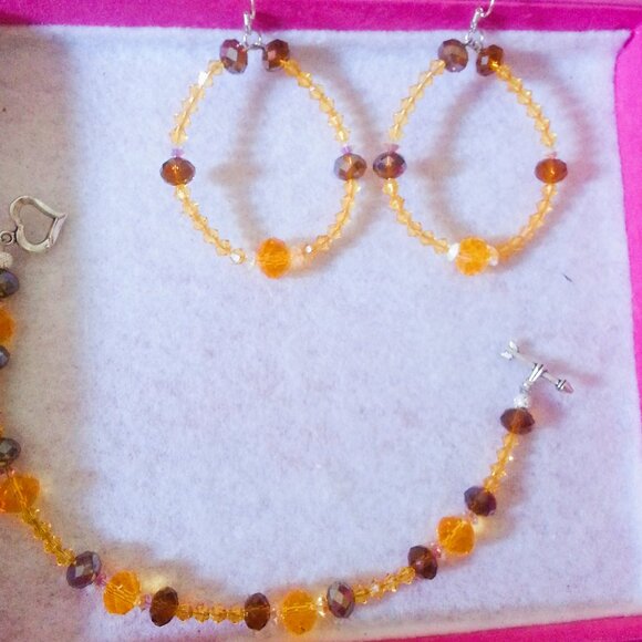 Swarovski Crystal Hand-Made Chocolate Orange Yellow Earring Bracelet set - Picture 1 of 11